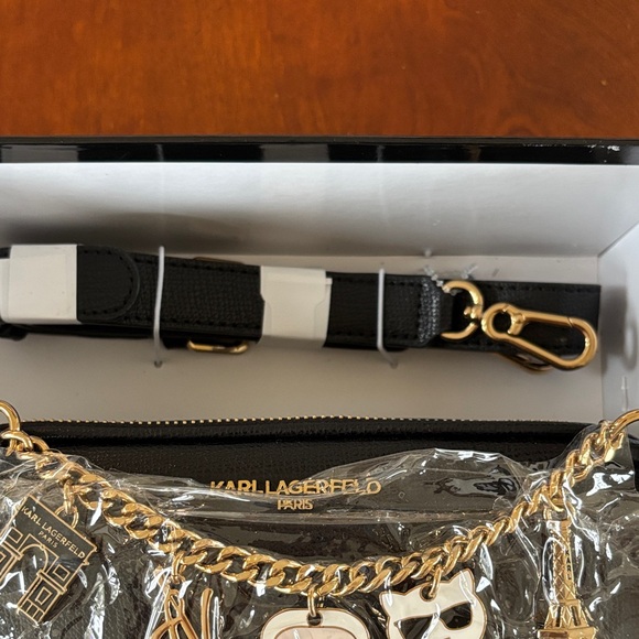 Karl Lagerfeld Black Textured Camera Cross Body Bag with Gold Tone Charms.  NWT - Picture 7 of 14
